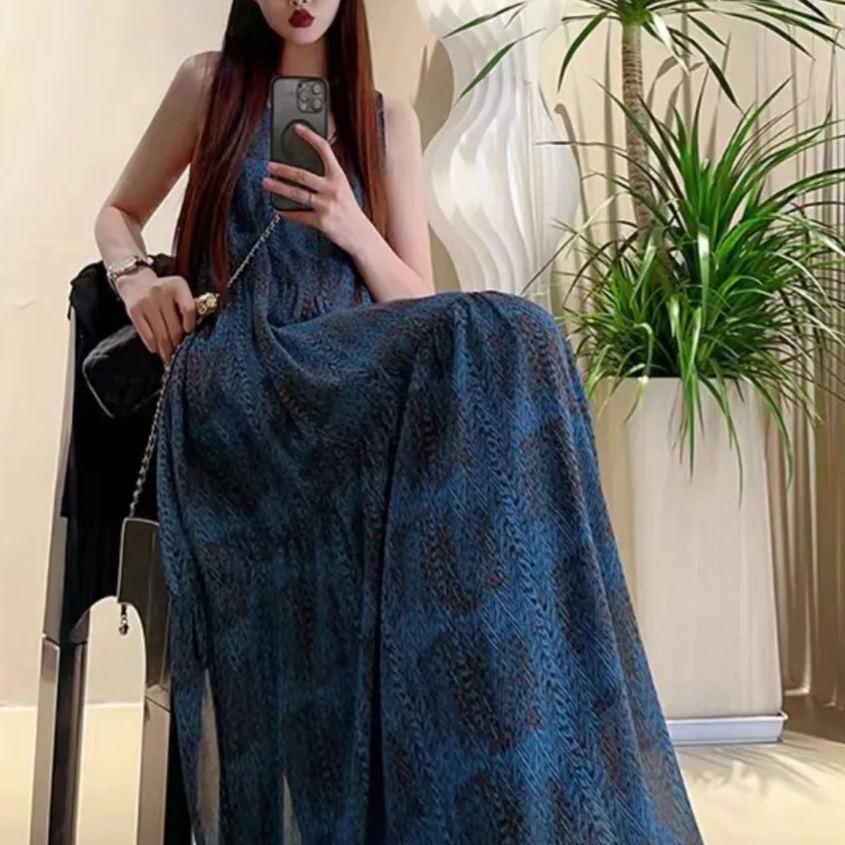 波西米亞雪紡無袖吊帶沙灘v領長洋裝-Cicimode