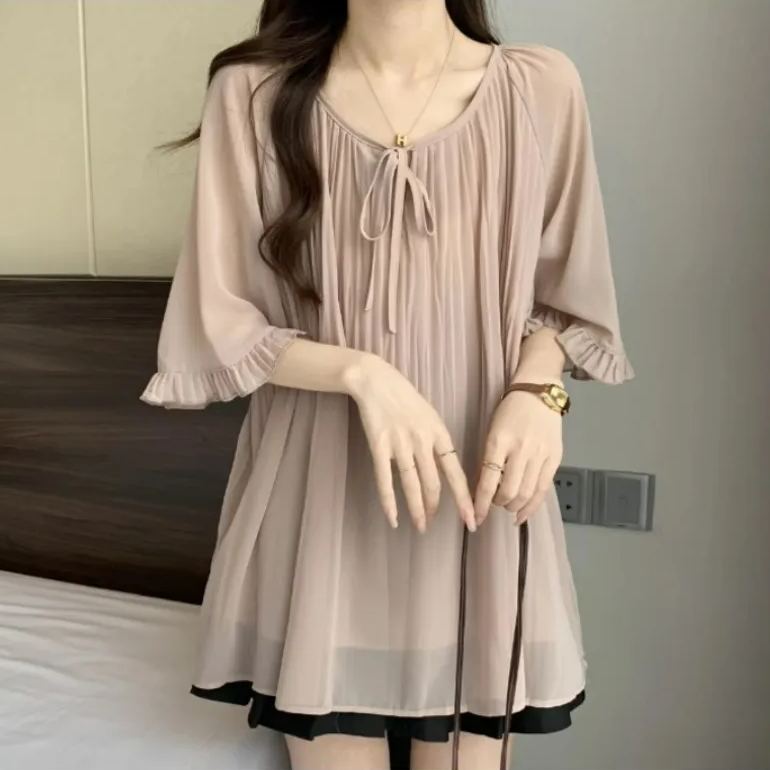 氣質獨特顯瘦綁帶寬鬆遮肚短袖雪紡衫-Cicimode