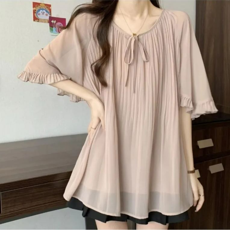 氣質獨特顯瘦綁帶寬鬆遮肚短袖雪紡衫-Cicimode