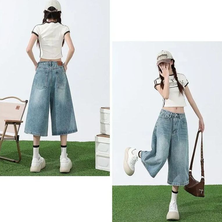 淺色七分牛仔褲女夏季薄款高腰顯瘦直筒大碼胖mm寬鬆7分闊腿中褲