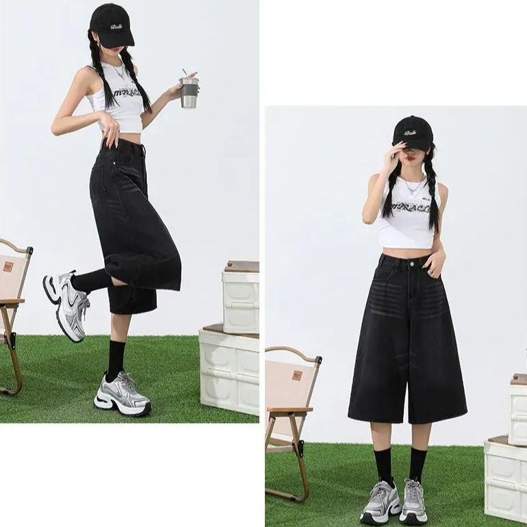 淺色七分牛仔褲女夏季薄款高腰顯瘦直筒大碼胖mm寬鬆7分闊腿中褲