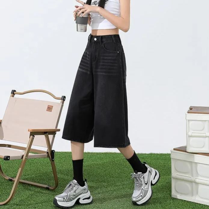 淺色七分牛仔褲女夏季薄款高腰顯瘦直筒大碼胖mm寬鬆7分闊腿中褲