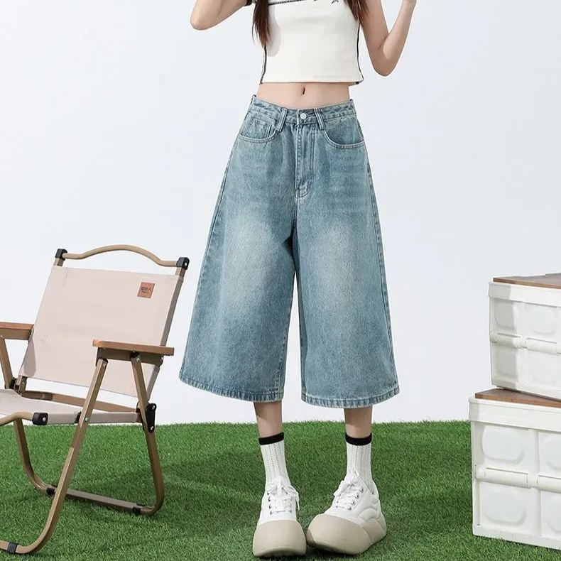 淺色七分牛仔褲女夏季薄款高腰顯瘦直筒大碼胖mm寬鬆7分闊腿中褲