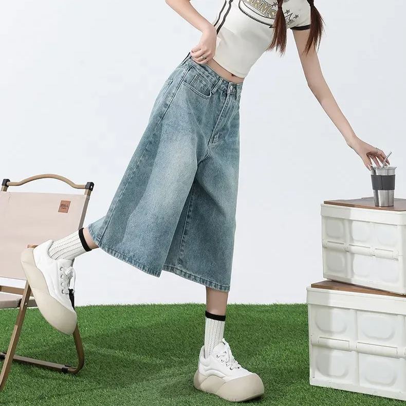 淺色七分牛仔褲女夏季薄款高腰顯瘦直筒大碼胖mm寬鬆7分闊腿中褲
