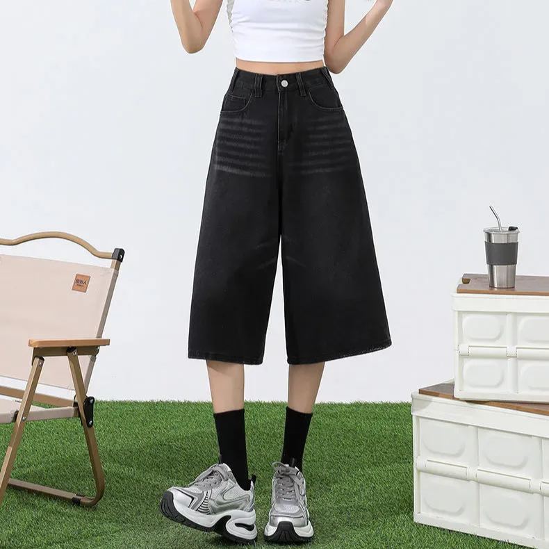 淺色七分牛仔褲女夏季薄款高腰顯瘦直筒大碼胖mm寬鬆7分闊腿中褲