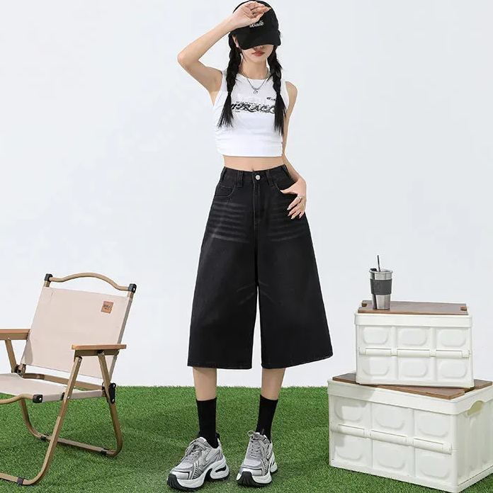 淺色七分牛仔褲女夏季薄款高腰顯瘦直筒大碼胖mm寬鬆7分闊腿中褲