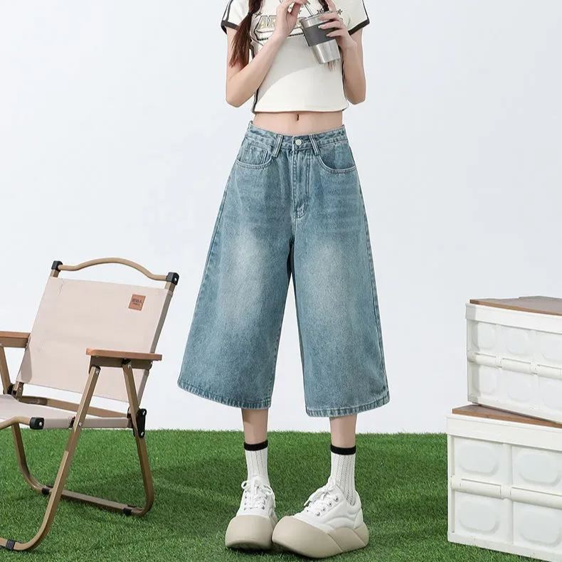 淺色七分牛仔褲女夏季薄款高腰顯瘦直筒大碼胖mm寬鬆7分闊腿中褲