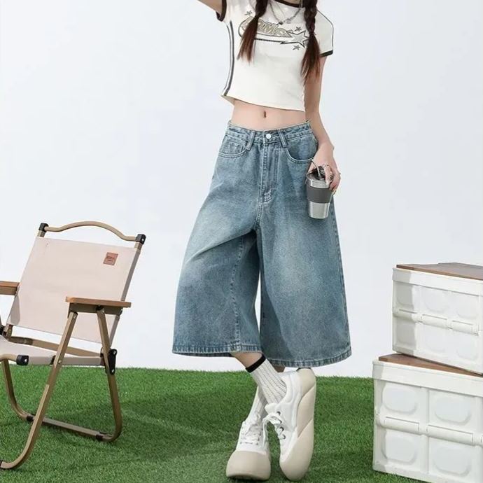 淺色七分牛仔褲女夏季薄款高腰顯瘦直筒大碼胖mm寬鬆7分闊腿中褲