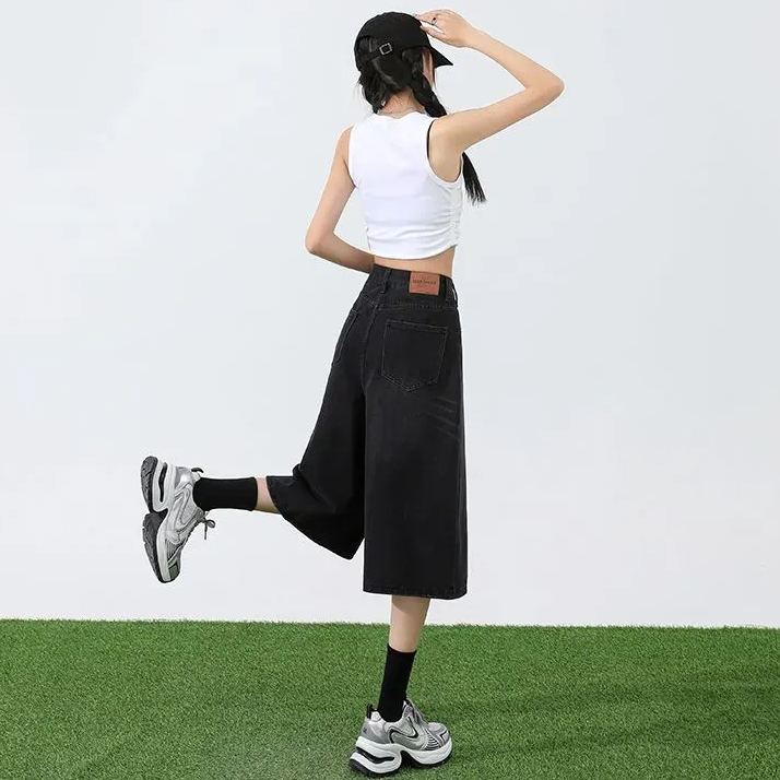 淺色七分牛仔褲女夏季薄款高腰顯瘦直筒大碼胖mm寬鬆7分闊腿中褲