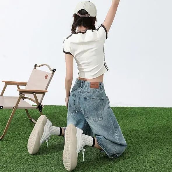 淺色七分牛仔褲女夏季薄款高腰顯瘦直筒大碼胖mm寬鬆7分闊腿中褲