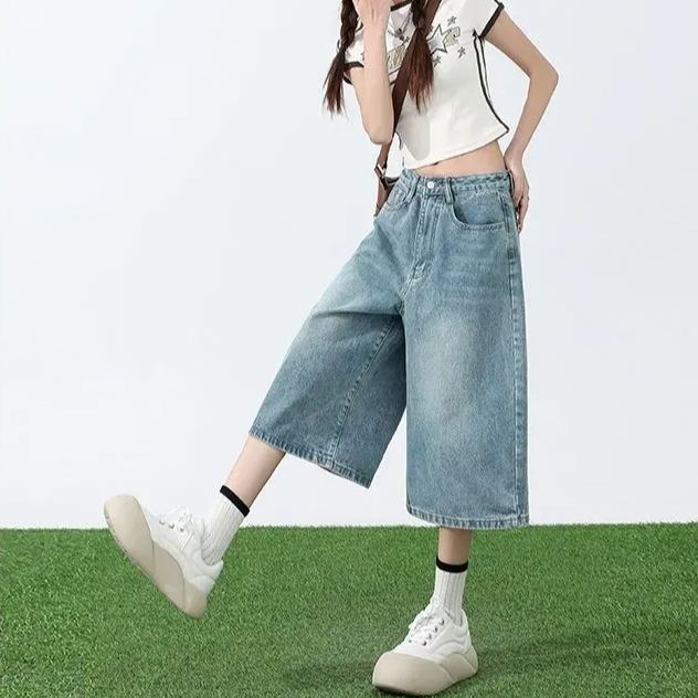 淺色七分牛仔褲女夏季薄款高腰顯瘦直筒大碼胖mm寬鬆7分闊腿中褲