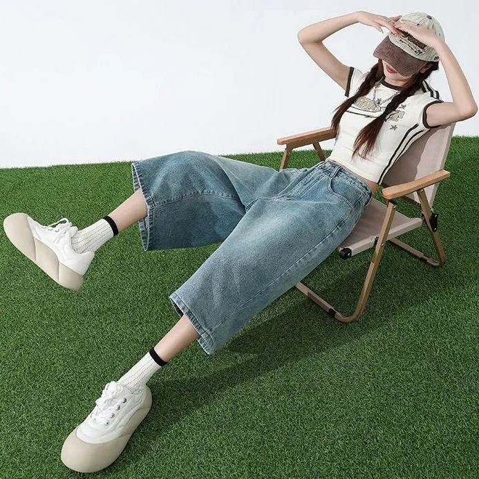淺色七分牛仔褲女夏季薄款高腰顯瘦直筒大碼胖mm寬鬆7分闊腿中褲