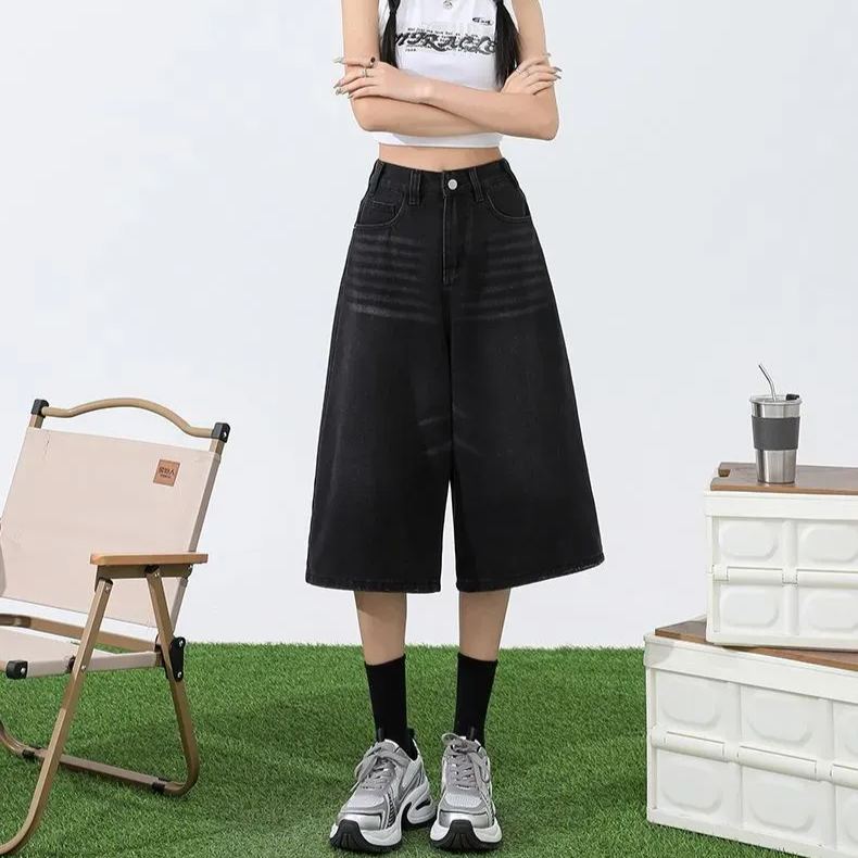 淺色七分牛仔褲女夏季薄款高腰顯瘦直筒大碼胖mm寬鬆7分闊腿中褲