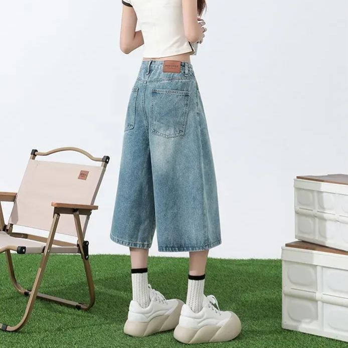 淺色七分牛仔褲女夏季薄款高腰顯瘦直筒大碼胖mm寬鬆7分闊腿中褲