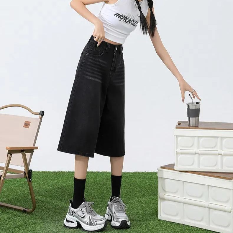 淺色七分牛仔褲女夏季薄款高腰顯瘦直筒大碼胖mm寬鬆7分闊腿中褲