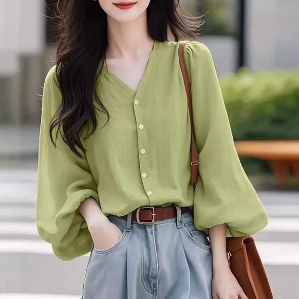 法式氣質漂亮超好看V領雪紡襯衫