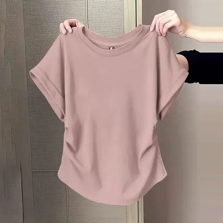 百搭修身顯瘦遮肉微褶設計感圓領短袖-Cicimode