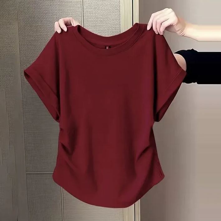 百搭修身顯瘦遮肉微褶設計感圓領短袖-Cicimode