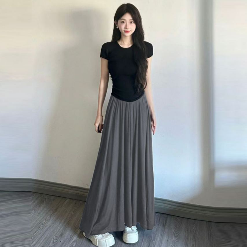 【單件/套裝】法式慵懶風修身短袖T恤+a字高腰半身長裙兩件套裝-Cicimode