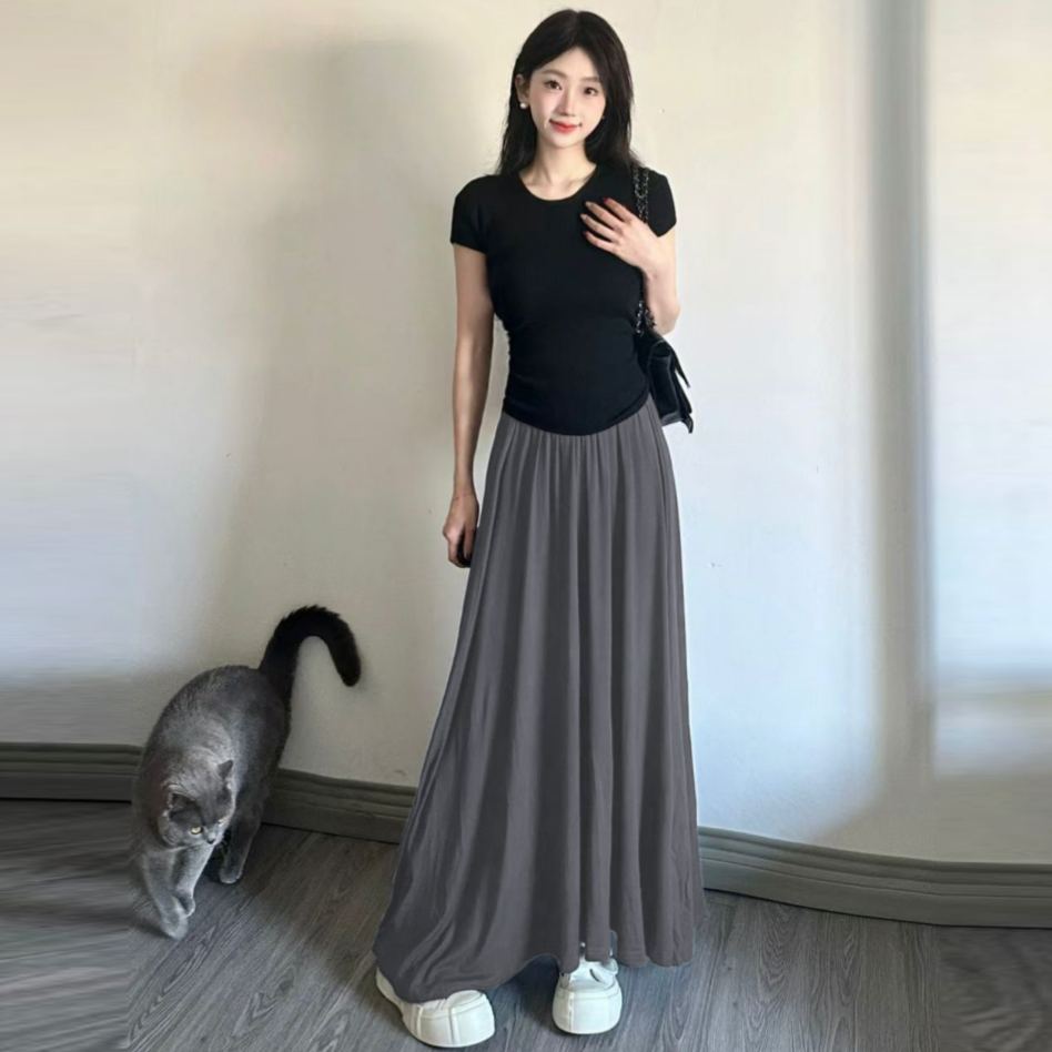 【單件/套裝】法式慵懶風修身短袖T恤+a字高腰半身長裙兩件套裝-Cicimode