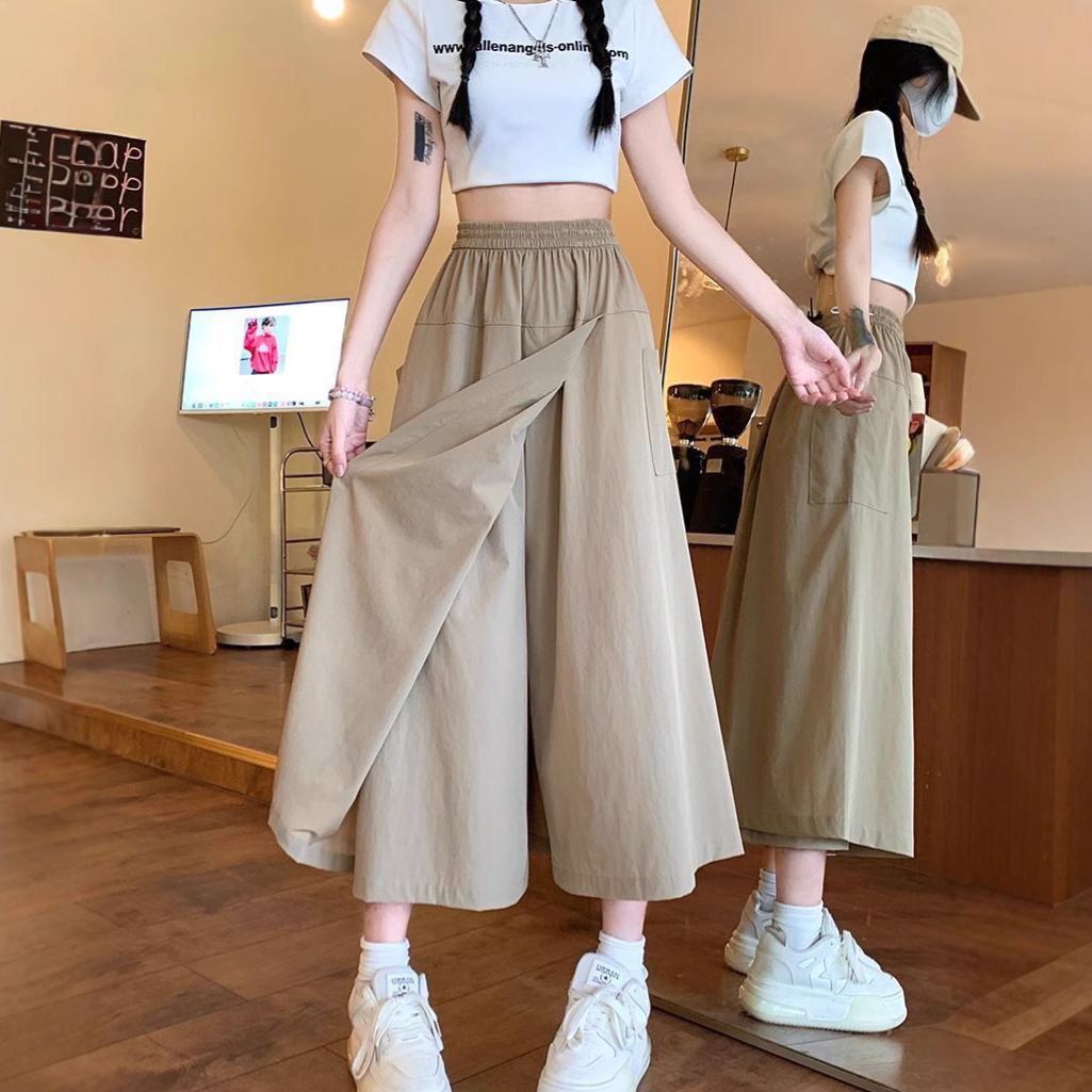 小個子設計感拼接褲裙休閒褲女春夏季新款高腰寬鬆直筒闊腿褲裙