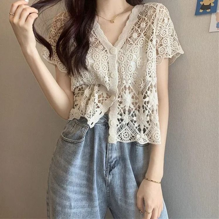 韓系chic薄款V領鏤空百搭短袖針織開衫