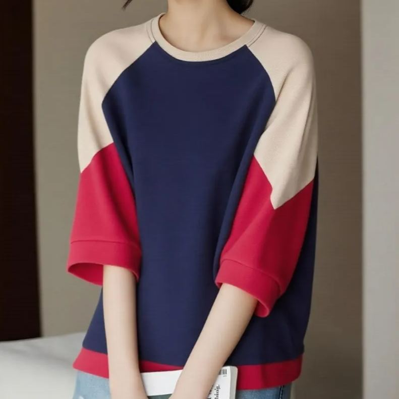 純棉寬鬆圓領文藝休閒五分袖大碼撞色t恤-Cicimode