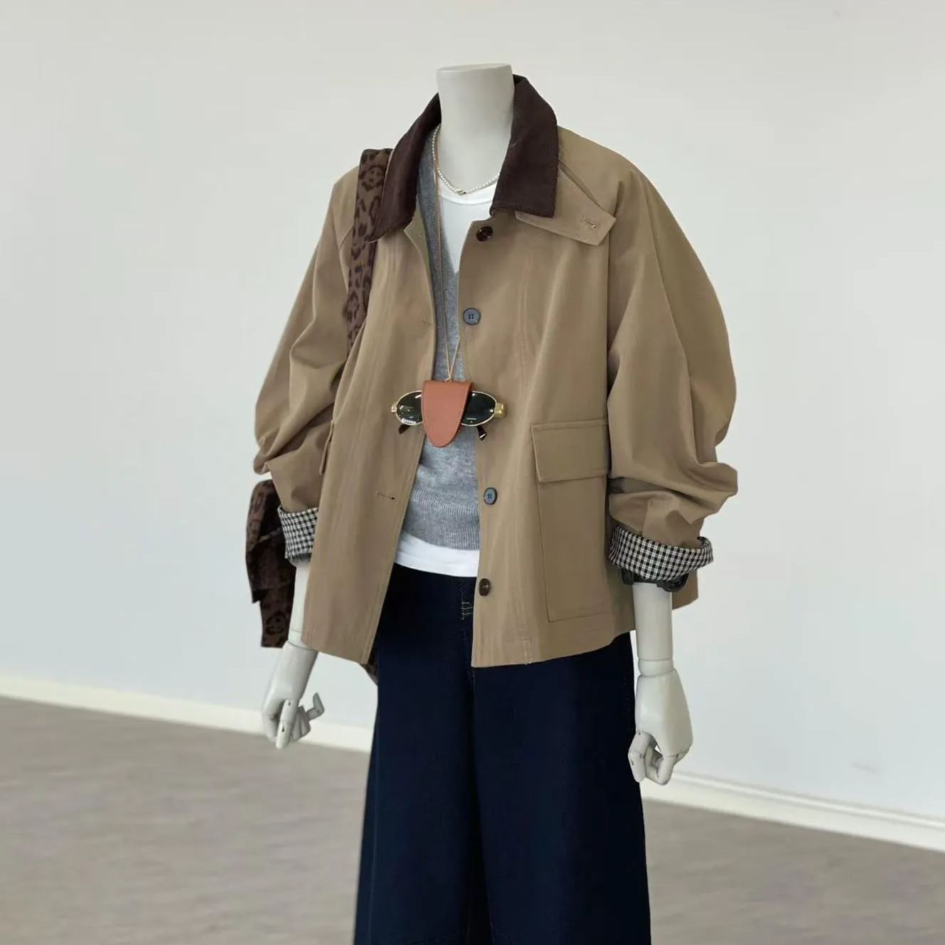 韓系復古小眾設計感撞色格紋拼接風衣外套-Cicimode