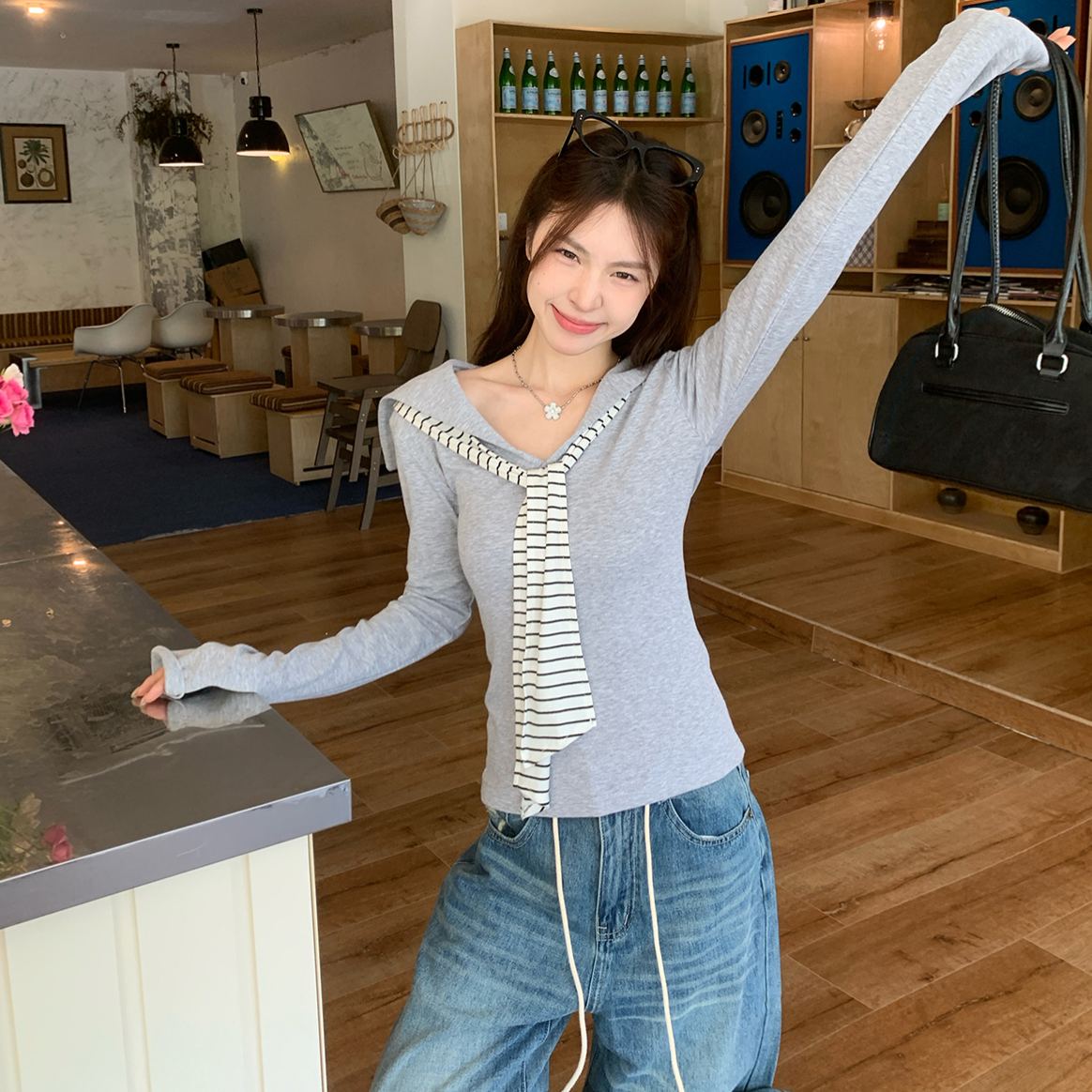 海軍領條紋領帶拼接修身顯瘦長袖T恤-Cicimode