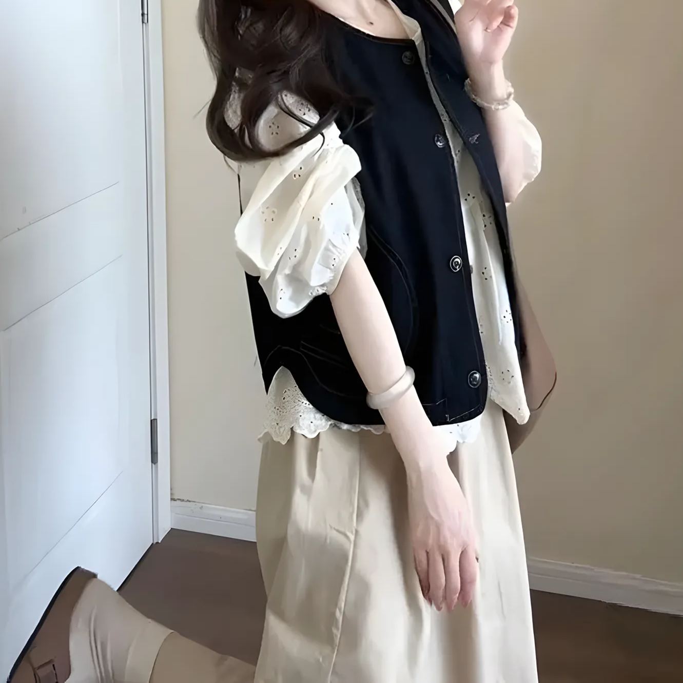 【單件/套裝】法式學院風牛仔開衫馬甲++長袖襯衫+茶歇半身裙三件套-Cicimode