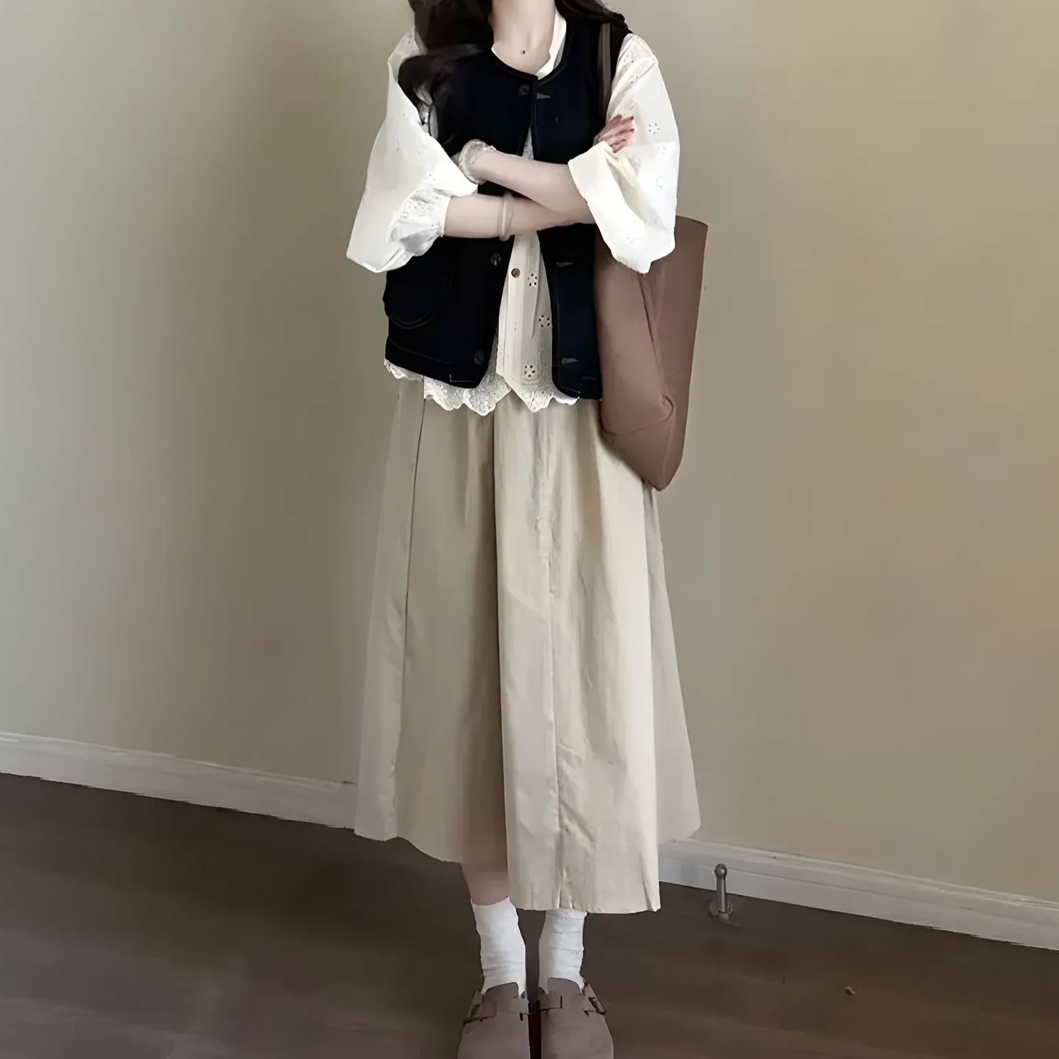 【單件/套裝】法式學院風牛仔開衫馬甲++長袖襯衫+茶歇半身裙三件套-Cicimode