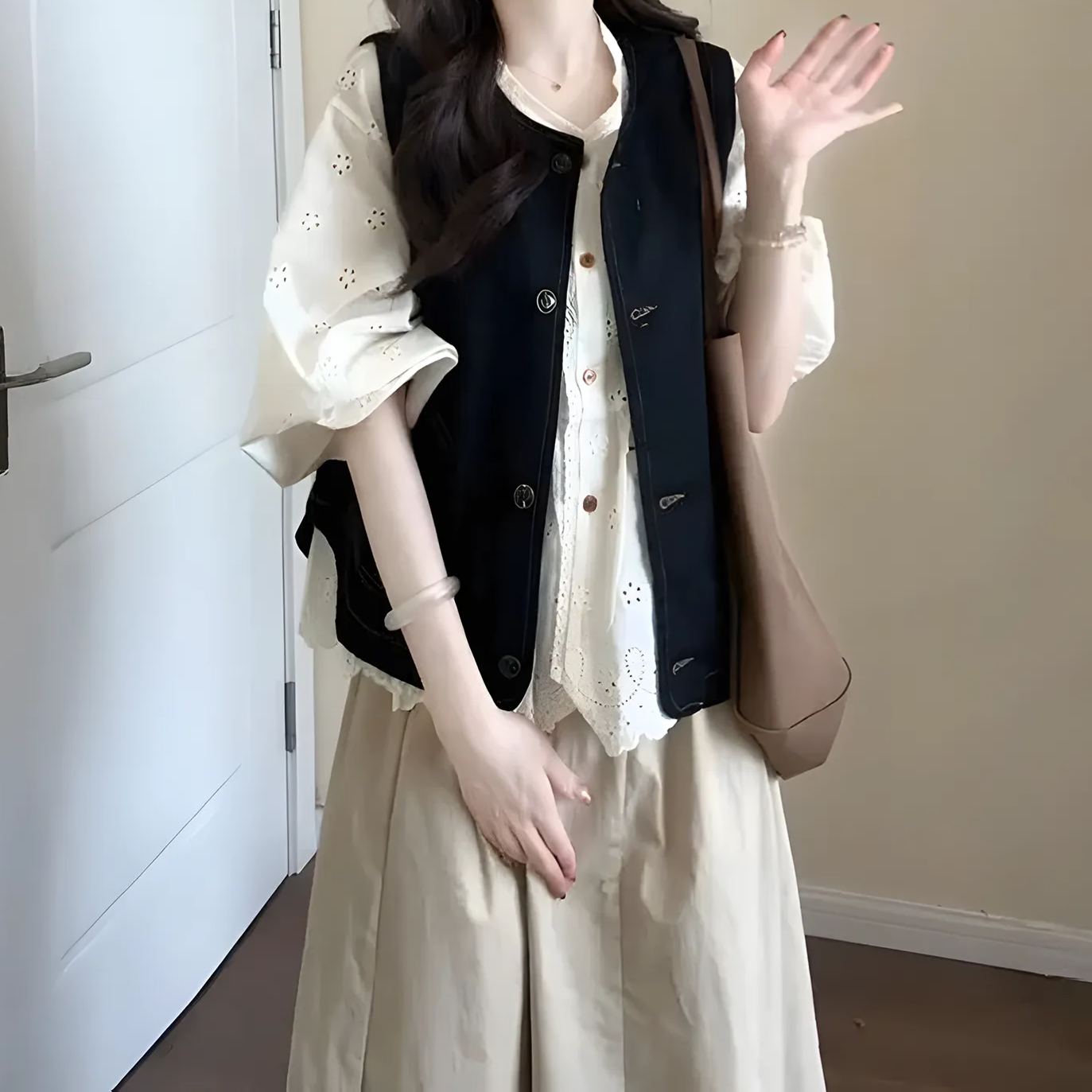 【單件/套裝】法式學院風牛仔開衫馬甲++長袖襯衫+茶歇半身裙三件套-Cicimode