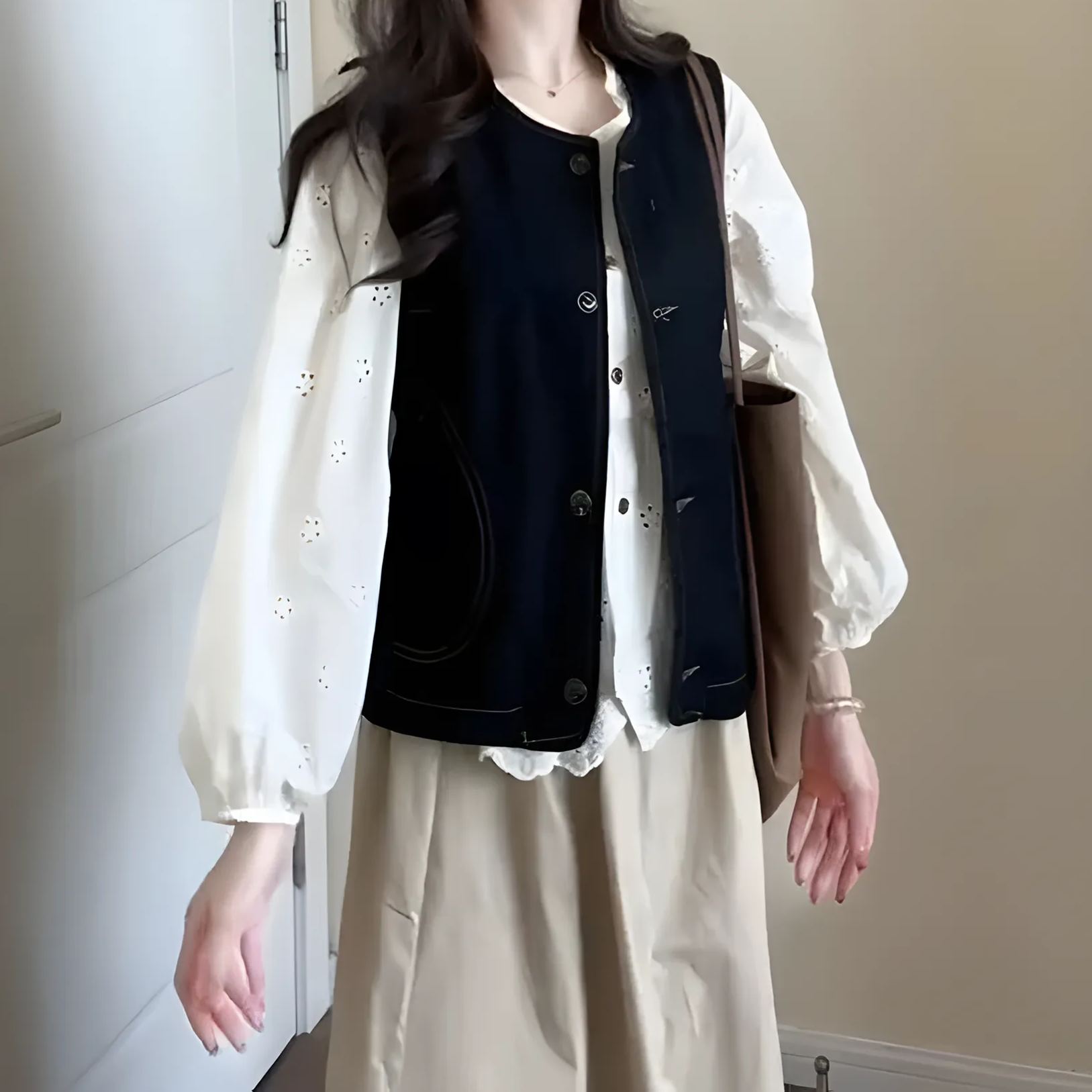 【單件/套裝】法式學院風牛仔開衫馬甲++長袖襯衫+茶歇半身裙三件套-Cicimode