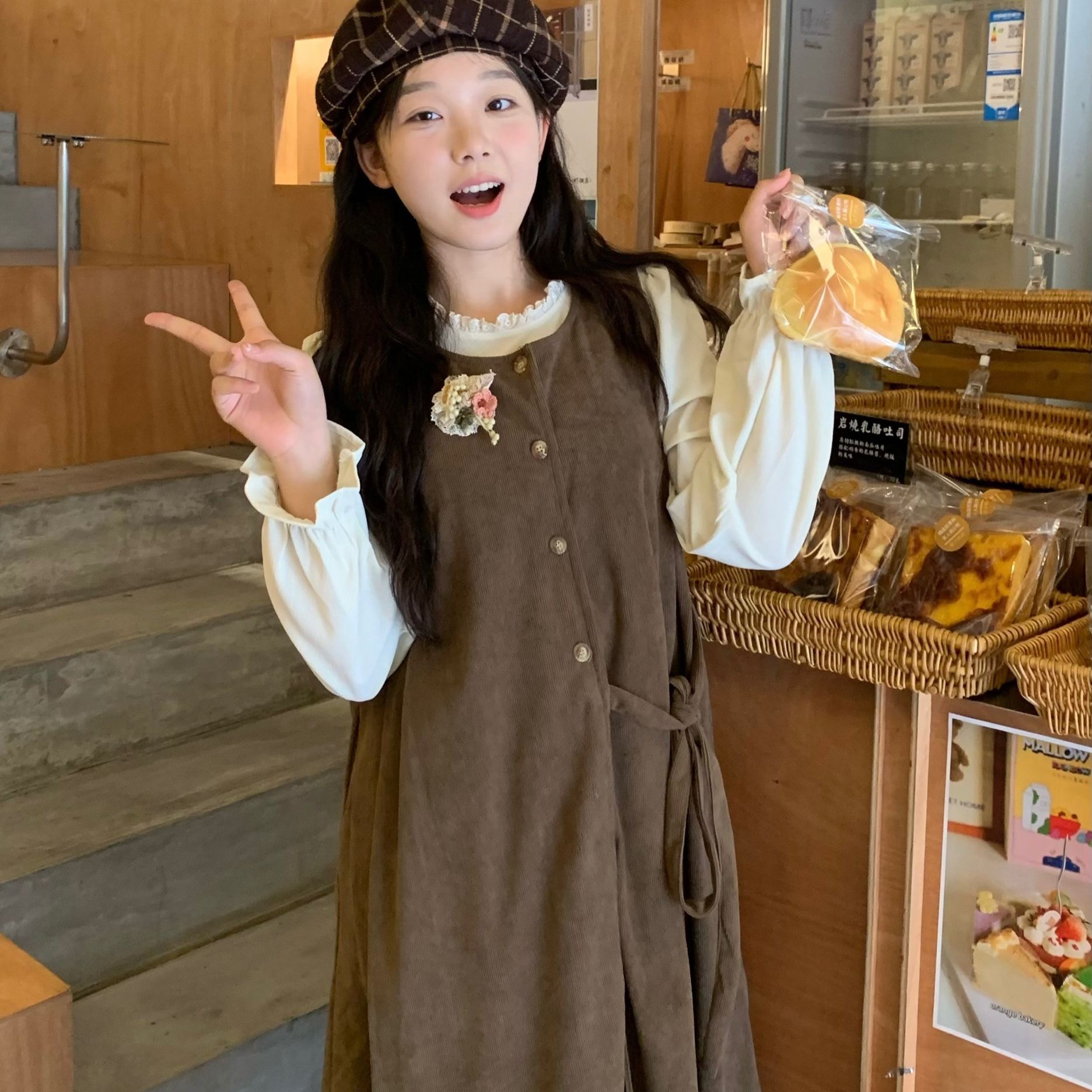 【單件/套裝】疊穿綁帶開叉背心外搭+長袖甜美洋裝兩件套-Cicimode