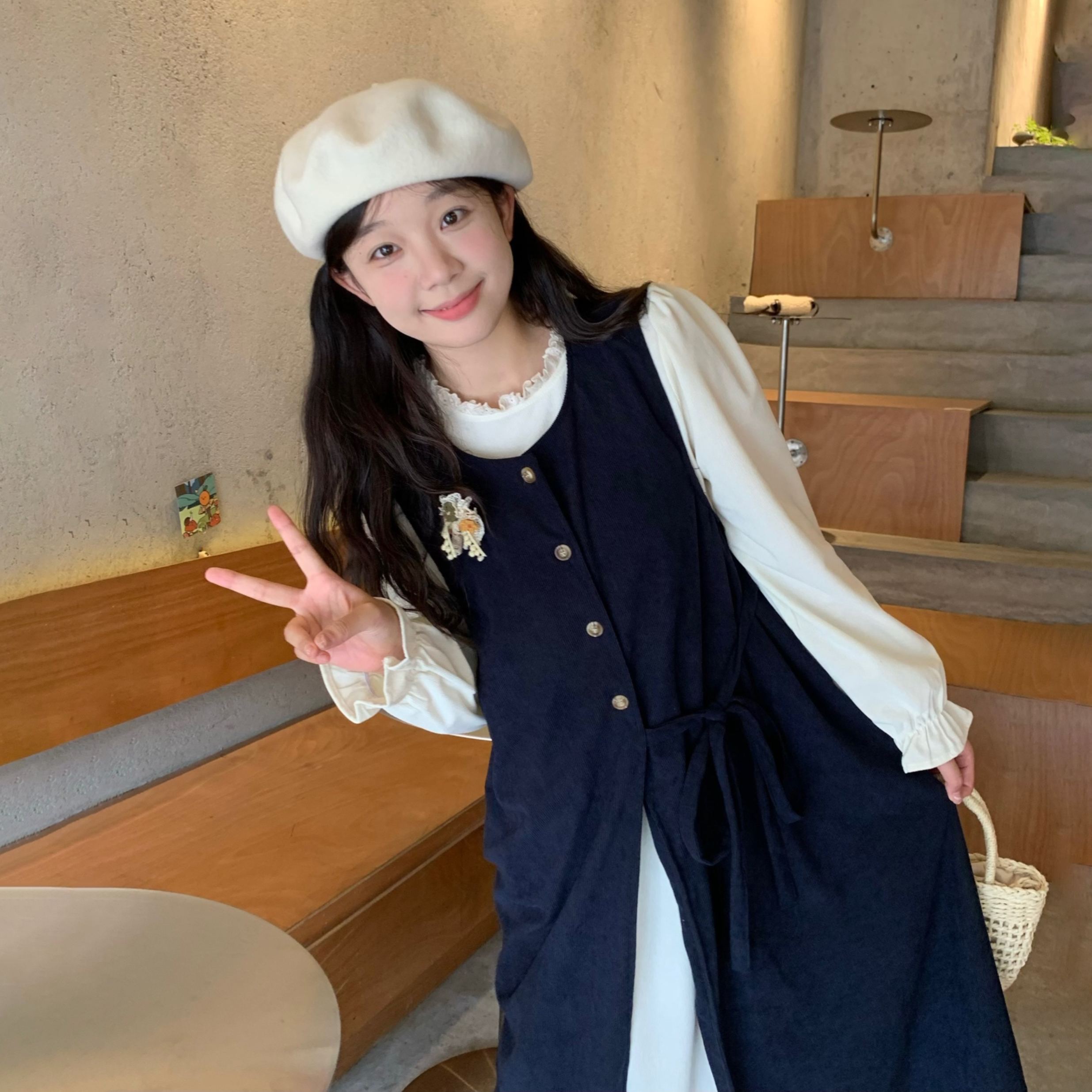 【單件/套裝】疊穿綁帶開叉背心外搭+長袖甜美洋裝兩件套-Cicimode