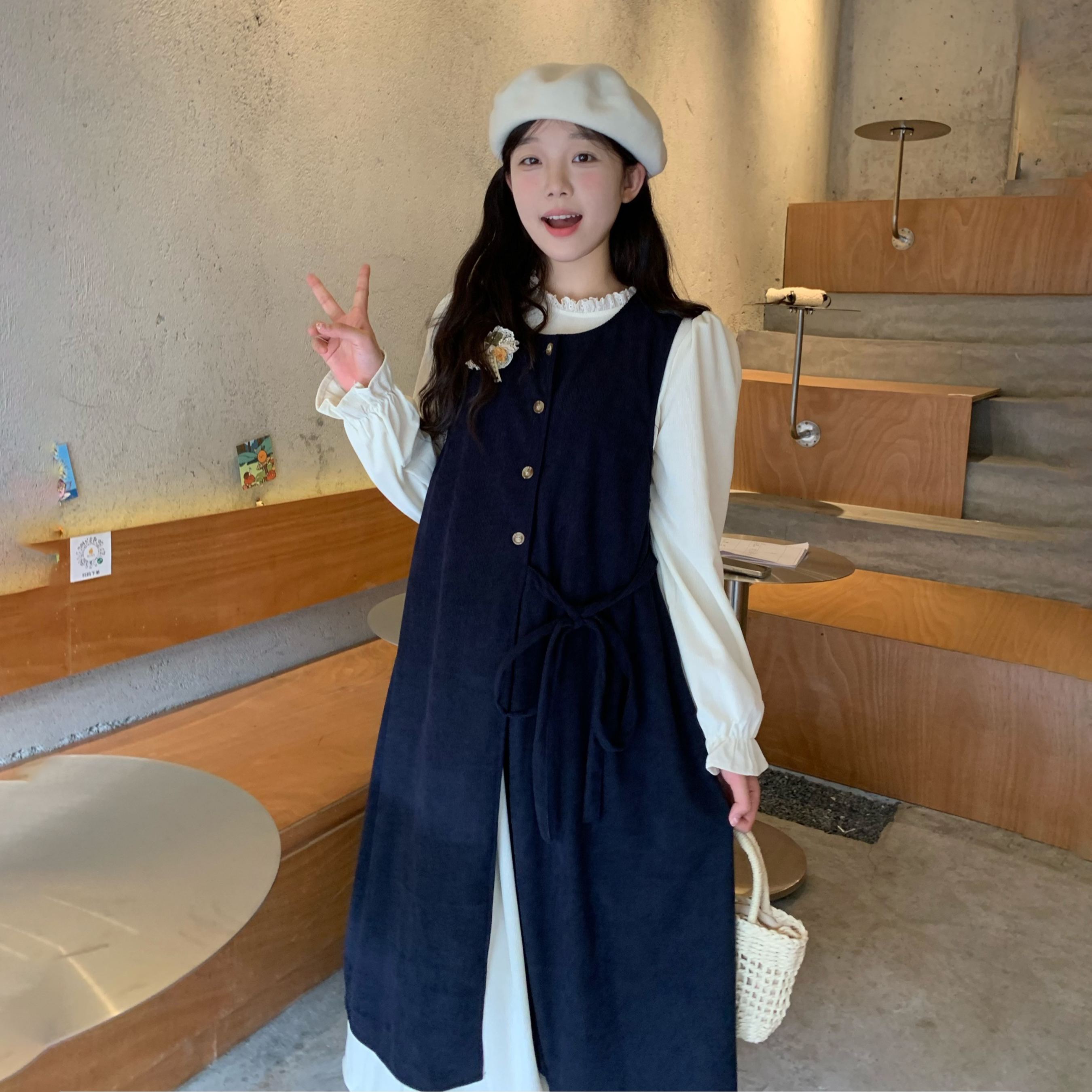 【單件/套裝】疊穿綁帶開叉背心外搭+長袖甜美洋裝兩件套-Cicimode