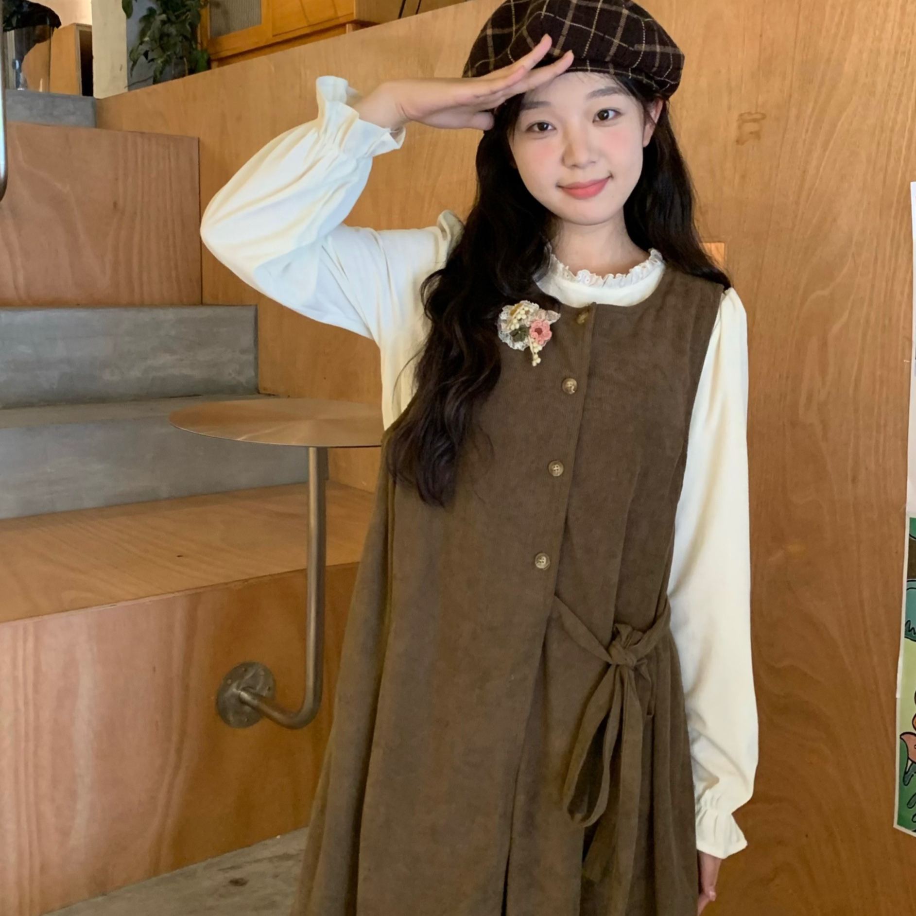 【單件/套裝】疊穿綁帶開叉背心外搭+長袖甜美洋裝兩件套-Cicimode