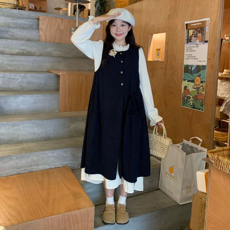 【單件/套裝】疊穿綁帶開叉背心外搭+長袖甜美洋裝兩件套-Cicimode