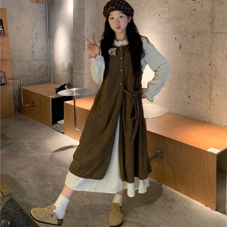 【單件/套裝】疊穿綁帶開叉背心外搭+長袖甜美洋裝兩件套-Cicimode