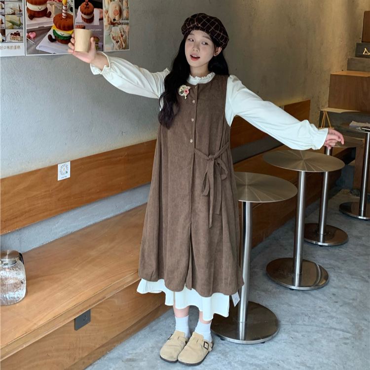 【單件/套裝】疊穿綁帶開叉背心外搭+長袖甜美洋裝兩件套-Cicimode