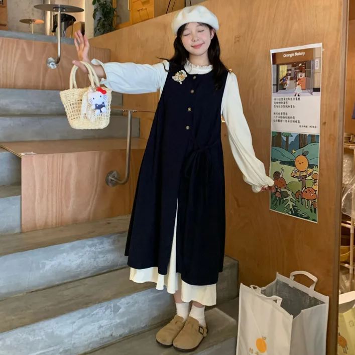 【單件/套裝】疊穿綁帶開叉背心外搭+長袖甜美洋裝兩件套-Cicimode