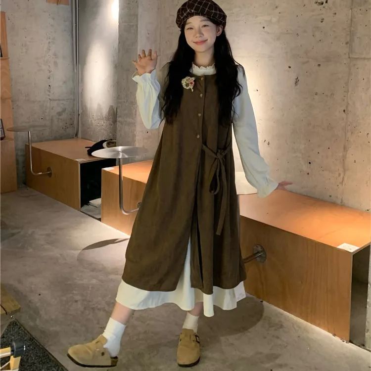 【單件/套裝】疊穿綁帶開叉背心外搭+長袖甜美洋裝兩件套-Cicimode