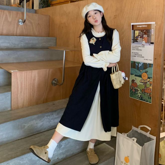 【單件/套裝】疊穿綁帶開叉背心外搭+長袖甜美洋裝兩件套-Cicimode