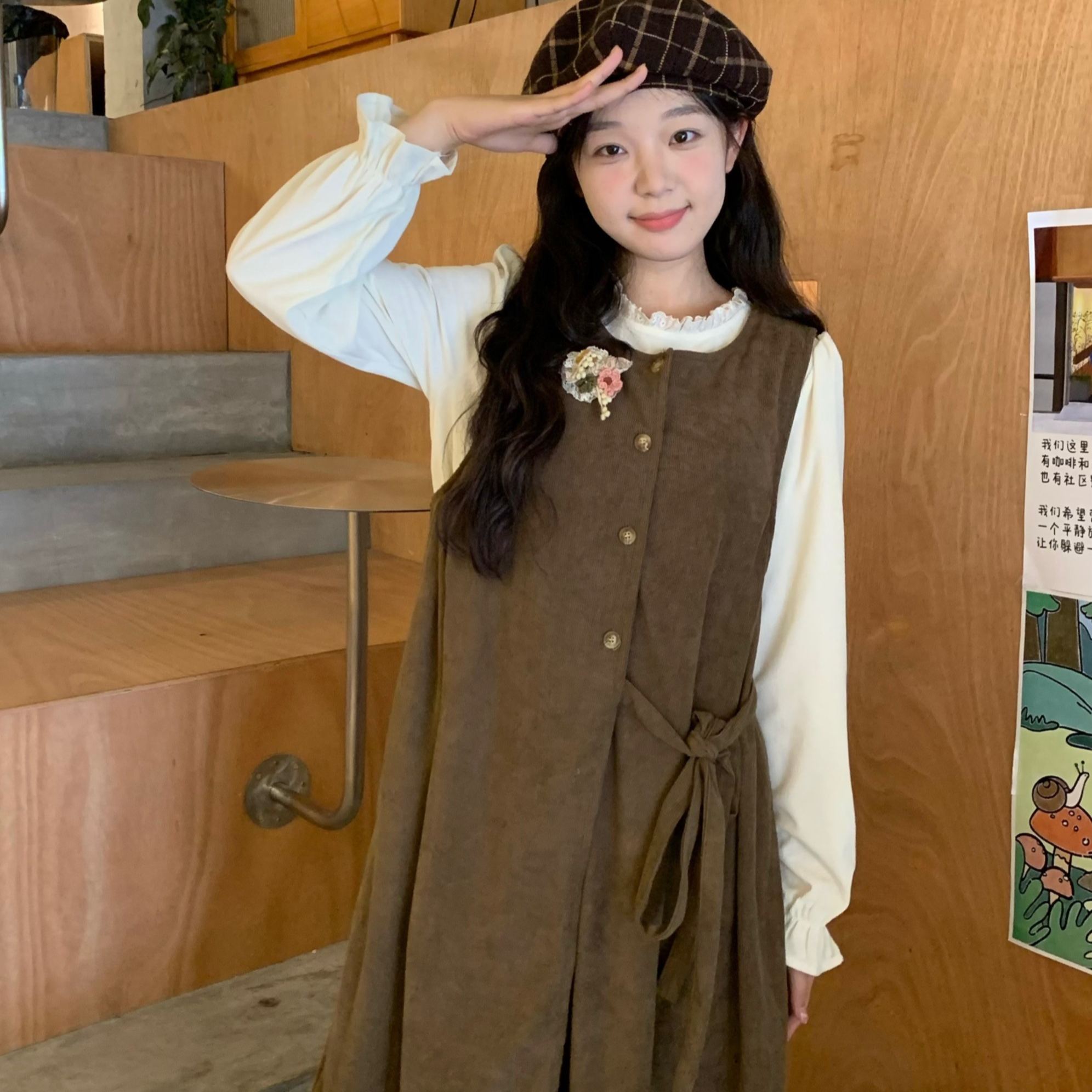 【單件/套裝】疊穿綁帶開叉背心外搭+長袖甜美洋裝兩件套-Cicimode