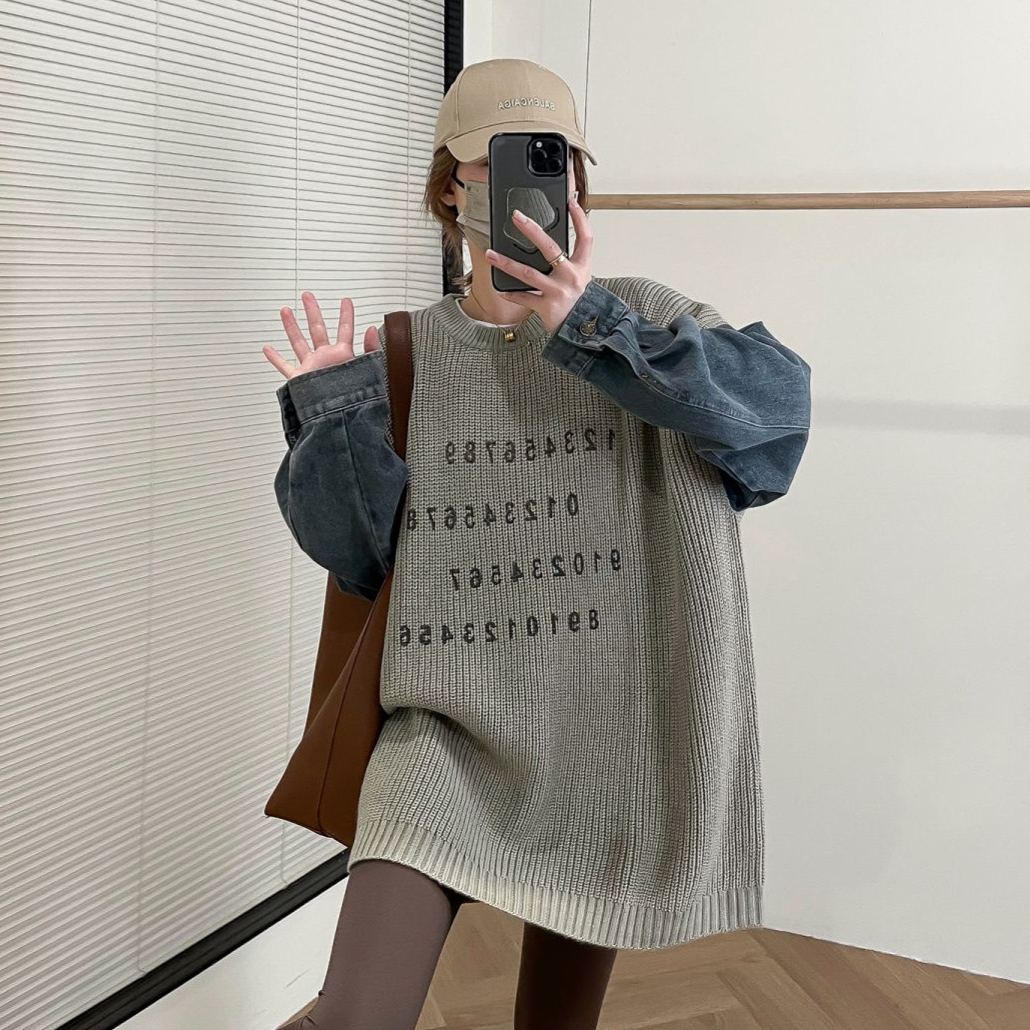 慵懶風百搭寬鬆牛仔袖拼接針織長袖-Cicimode