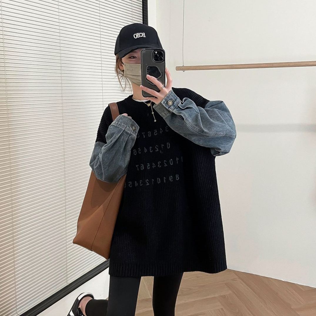 慵懶風百搭寬鬆牛仔袖拼接針織長袖-Cicimode