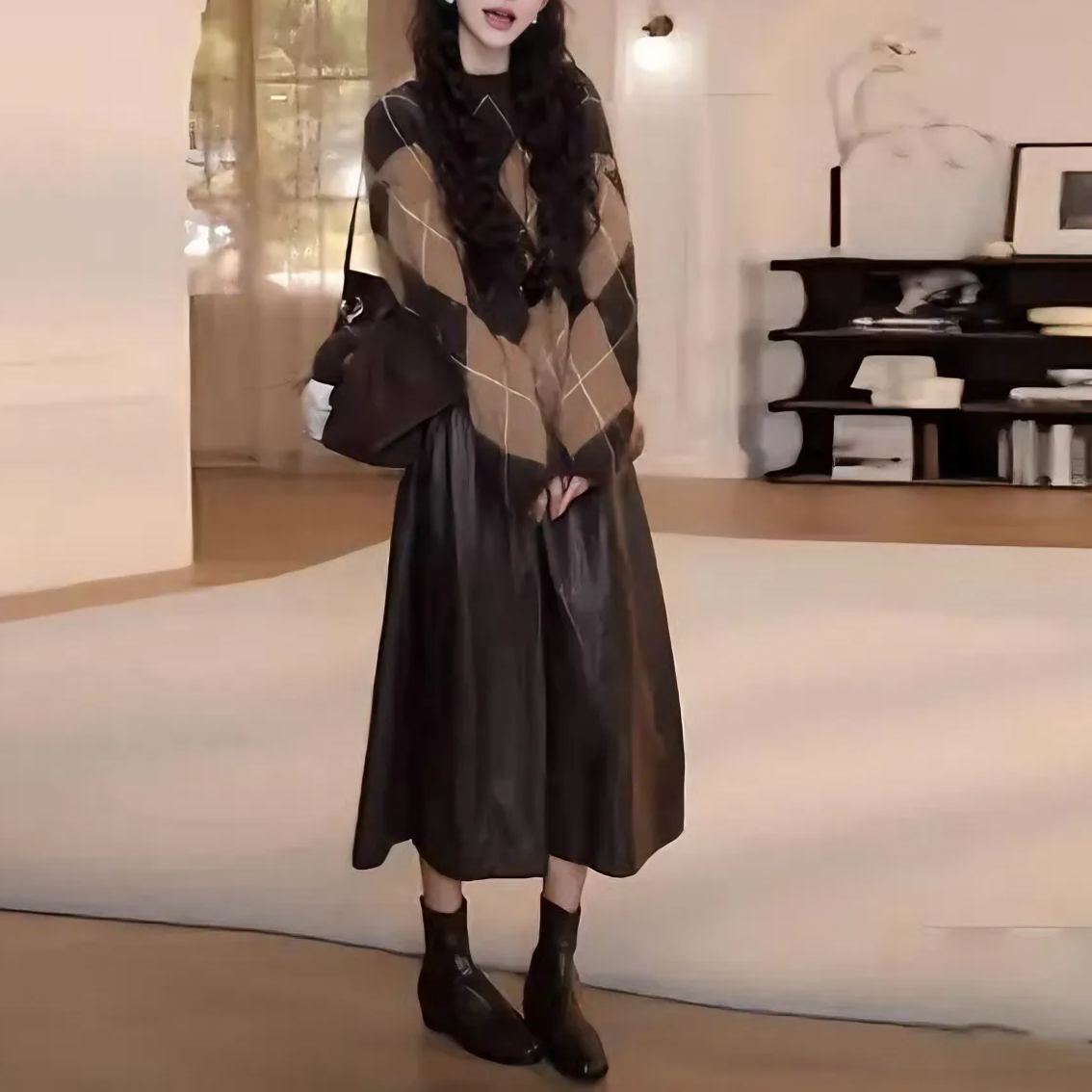 【單件/套裝】气质减龄時尚顯瘦針織毛衣+高腰半身皮裙兩件套-Cicimode