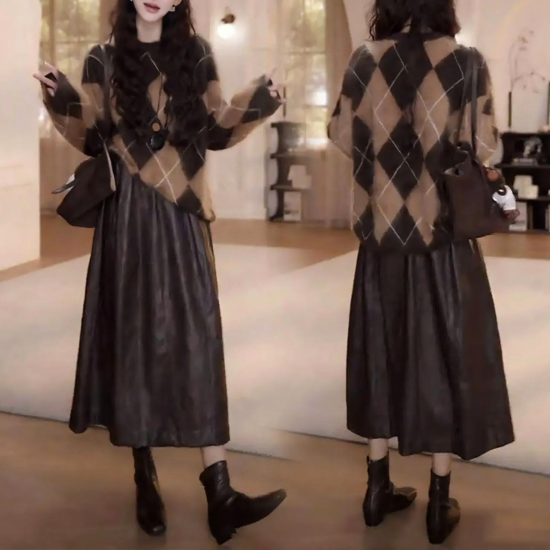 【單件/套裝】气质减龄時尚顯瘦針織毛衣+高腰半身皮裙兩件套-Cicimode