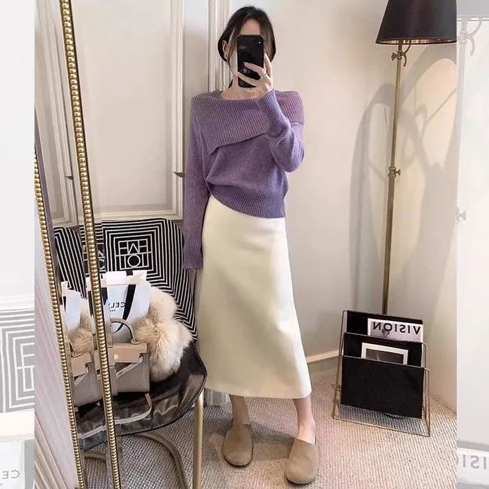 韓版時尚一字肩鎖骨翻領氣質針織長袖-Cicimode