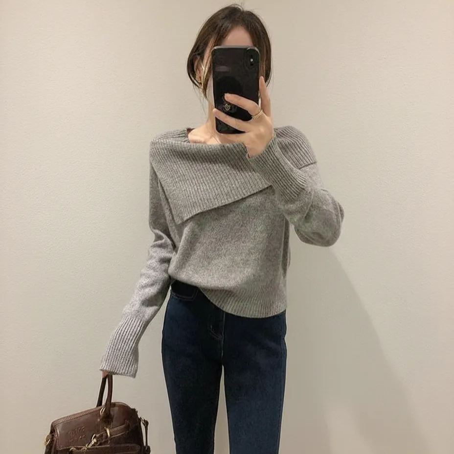 韓版時尚一字肩鎖骨翻領氣質針織長袖-Cicimode